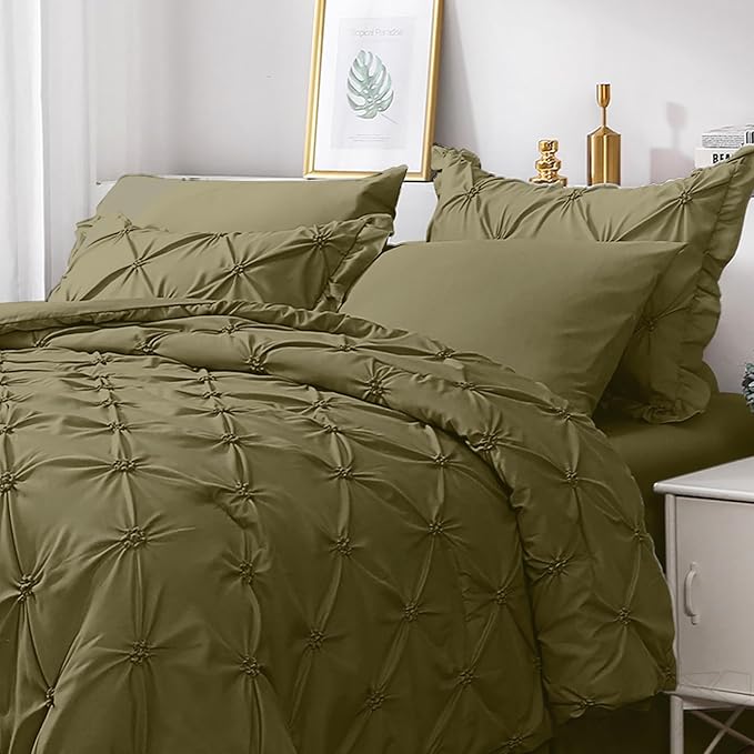 JOLLYVOGUE Olive Green Twin Size Comforter Sets 5 Pieces, Pintuck Bed in a Bag Comforter Set for Bedroom, Bedding Comforter Sets with Comforter, Sheets, Ruffled Shams & Pillowcases