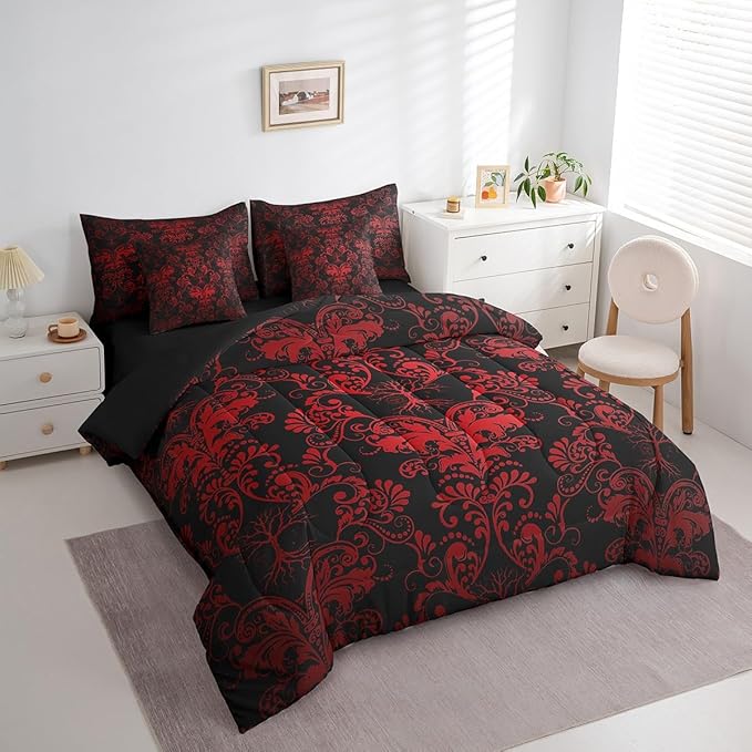 Erosebridal Gothic Damask Bed in a Bag King Size Comforter Set 7 Pieces,Sun Moon Tree of Life Bedding Sets Red Black Victorian Floral Goth Sheet Set with Comforter