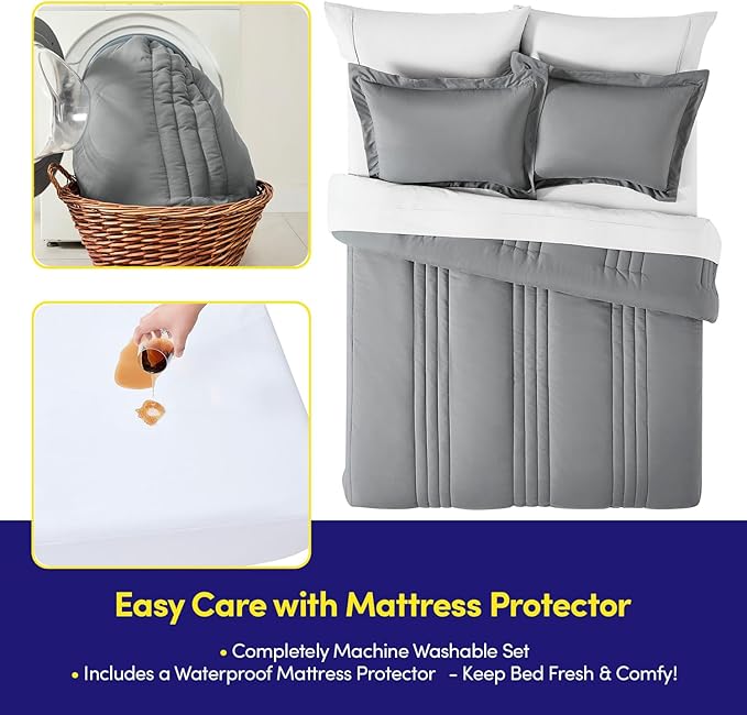 Queen Comforter Set Quilted Stripe Bedding Bundle – Stylish Set with Comforter, Mattress Protector, Sheet Set & Pillow Shams — Sophisticated Striped Design for Home & Guest Rooms, Gray/Silver