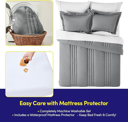 Queen Comforter Set Quilted Stripe Bedding Bundle – Stylish Set with Comforter, Mattress Protector, Sheet Set & Pillow Shams — Sophisticated Striped Design for Home & Guest Rooms, Gray/Silver