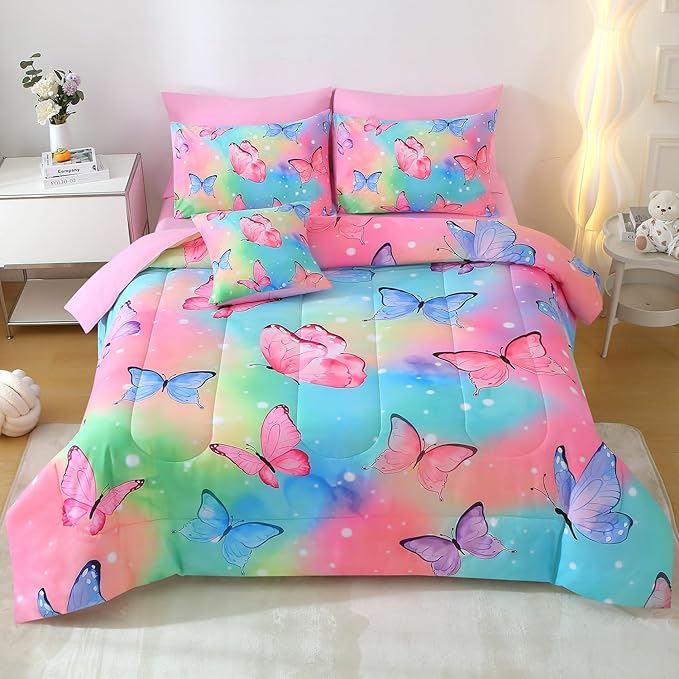 JQinHome 8 Pc Butterfly Comforter Set Queen, 3D Rainbow Butterfly Bedding Set for Girls Women,All Season Microfiber Butterfly Design Bedding Collection with Pillowcase, Flat & Fitted Sheet(Rainbow)