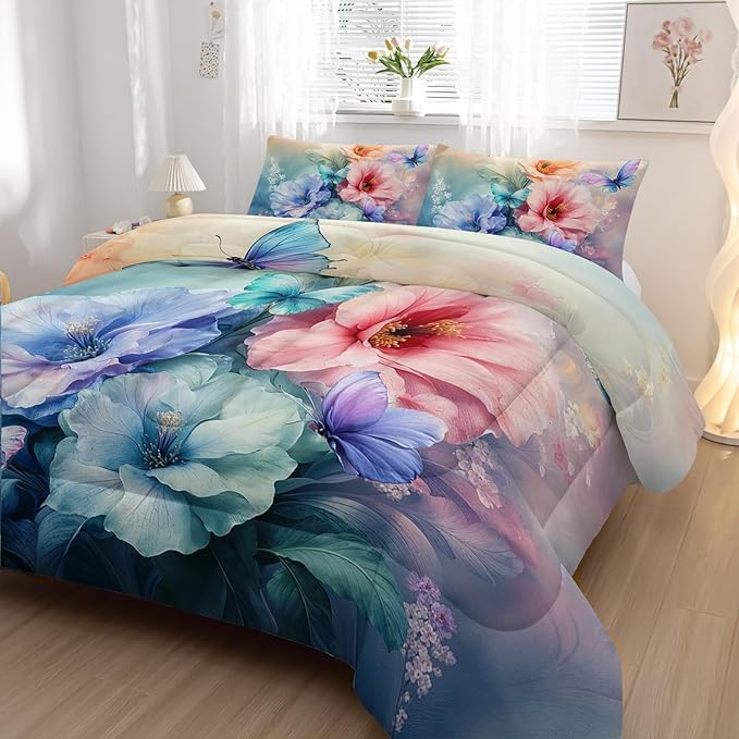 Colorful Flower Comforter Set King Size 3 PCS Bed in a Bag,Cute Floral Butterfly Bedding Set for Girls Teens,Ultra Soft Microfiber Comforter Bed Set with 3-Pieces, Floral Bedroom Decor