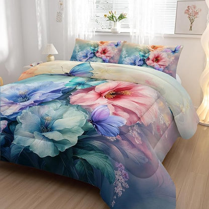 Colorful Flower Comforter Set Full Size 3 PCS Bed in a Bag,Cute Floral Butterfly Bedding Set for Girls Teens,Ultra Soft Microfiber Comforter Bed Set with 3-Pieces, Floral Bedroom Decor