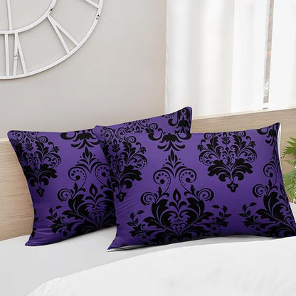 Violet Gothic Floral Print Comforter Set Queen Size,Vintage Damask Floral Bedding Set,Bohemian Exotic Printed Quilted Set for Teens Adult,with 1 Comforter and 2 Pillow Case