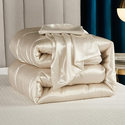 Dreamer Satin Silk Like Cream Comforter - Soft Beige Polyester Filling Luxury 1 Comforter 2 Pillowcases (Queen, Beige)