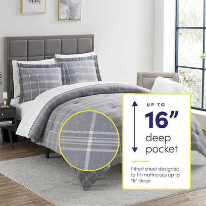 7 Piece Comforter Set Bag Solid Color All Season Soft Down Alternative Blanket & Luxurious Microfiber Bed Sheets, King, Gray Plaid