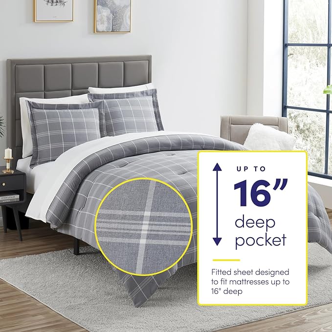 7 Piece Comforter Set Bag Solid Color All Season Soft Down Alternative Blanket & Luxurious Microfiber Bed Sheets, Twin, Gray Plaid