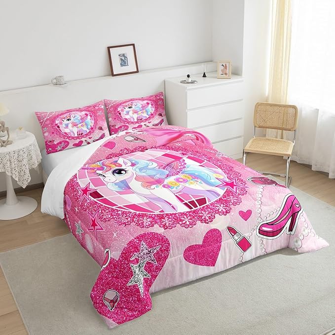Cartoon Unicorn Kids Comforter Set King Size,Bowknot High-heeled Shoes Lip Romantic Bedding Set,Girls Women Room Decor,Stars Sparkling Princess Down Comforter,Pink Cute Duvet Insert,2 Pillowcases