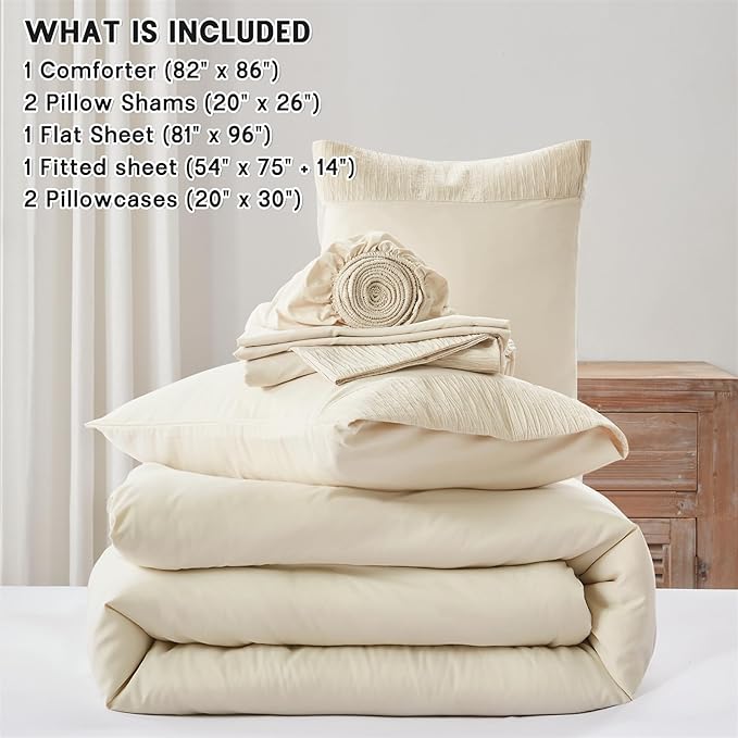 Anluoer Cream Full Comforter Set 7 Pieces, Bed in a Bag with Sheets, All Season Bedding Sets with 1 Comforter, 2 Pillow Shams, 2 Pillowcases, 1 Flat Sheet, 1 Fitted Sheet