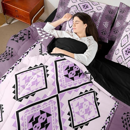 Erosebridal Western Full Comforter Set with Sheets 7 Piece Boho Aztec Bed in A Bag Exotic Native American Bedding Sets for Women Adult Ethnic Tribal Geometric Diamond Bed Set Rustic Purple Room Decor