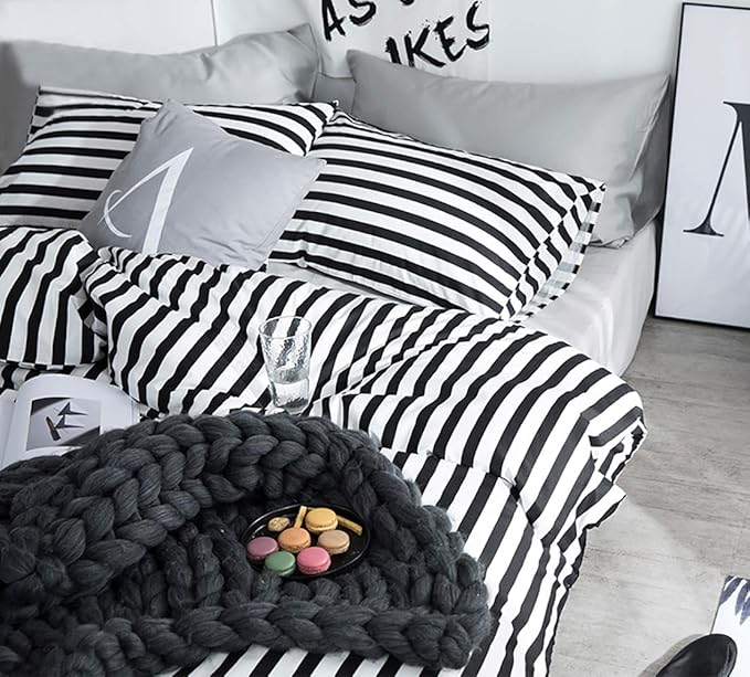 KAREVER White and Black Stripes Comforter Set Cal King Women Bedding Set Soft Durable Girls White Striated Bedding Set Hotel Quality Blanket