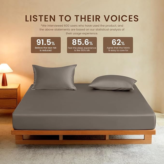 THXSILK Luxury Mulberry Silk Fitted Sheet Set 3 Pcs, King Silk Bed Sheet Set with 16" Deep Pockets, Soft & Cooling Sheets, 1 Fitted Sheet, 2 Pillowcases with Zipper Closure - Charcoal