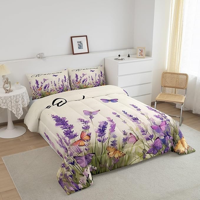 Erosebridal Purple Lavender Bedding Set Queen Spring Watercolor Flowers Butterfly Comforter Set for Kids Girls Women Aesthetics Garden Style Floral Down Comforter Rustic Farmhouse Quilt Duvet