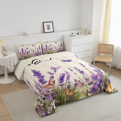 Erosebridal Purple Lavender Bedding Set Full Spring Watercolor Flowers Butterfly Comforter Set for Kids Girls Women Aesthetics Garden Style Floral Down Comforter Rustic Farmhouse Quilt Duvet