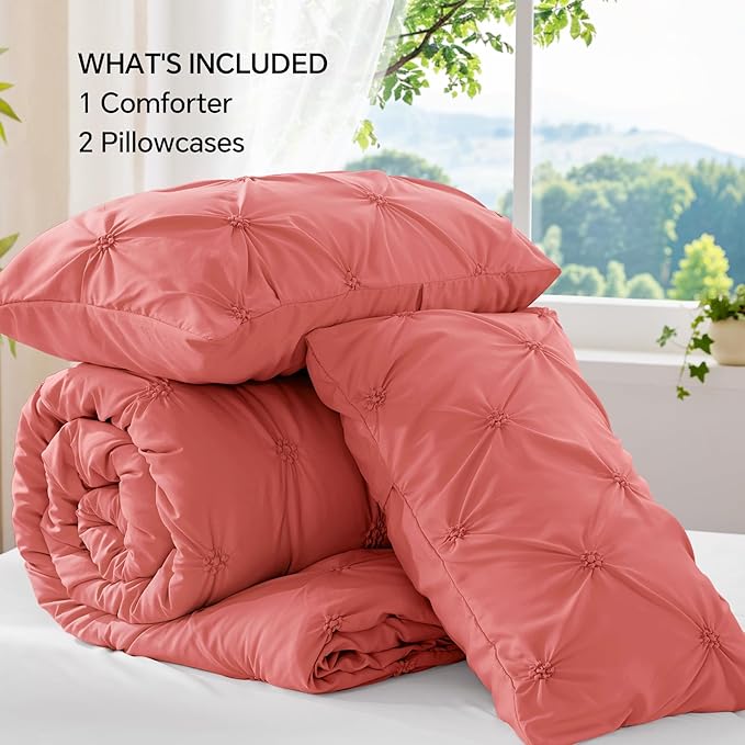 BEDELITE Coral King Size Comforter Set - 3 Pieces Boho Pintuck Bedding Comforter Sets, Lightweight Soft & Warm King Bedding Set with 2 Pillowcases for All Season