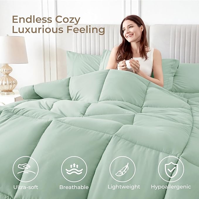 Sasttie Queen Comforter Set, 7 Pieces Bed in a Bag Queen, Complete Bedding Set Includes Comforter, Flat Sheet, Fitted Sheet, Pillowcases and Pillow Shams, Sage
