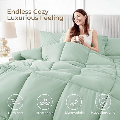 Sasttie Queen Comforter Set, 7 Pieces Bed in a Bag Queen, Complete Bedding Set Includes Comforter, Flat Sheet, Fitted Sheet, Pillowcases and Pillow Shams, Sage