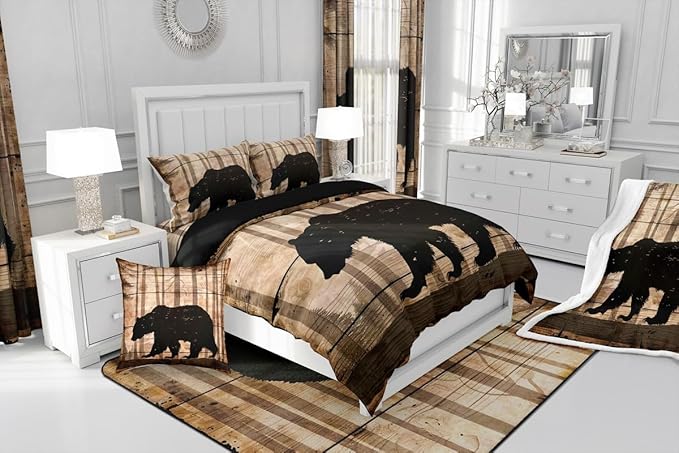 Feelyou Western Rustic Bear Comforter Set Queen, Wildlife Hunting Quilt Set with 2 Pillowcases, Forest Animal Hunting Bedding Set 3pcs Kids Boys Teens Room Decor, Wooden Board Farmhouse Duvet Insert