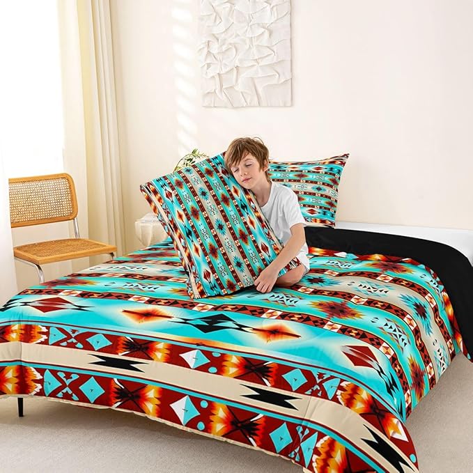 Erosebridal Western Decor,Vintage Exotic Indian Geometric Bedding Set Boho Western Comforter Set King,Ethnic Tribal Arrow Quilt Aztec Duvet Insert,Rustic Home Decor Rustic Farmhouse Bedroom Teal Red