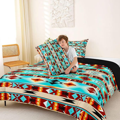 Erosebridal Western Decor,Vintage Exotic Indian Geometric Bedding Set Boho Western Comforter Set King,Ethnic Tribal Arrow Quilt Aztec Duvet Insert,Rustic Home Decor Rustic Farmhouse Bedroom Teal Red