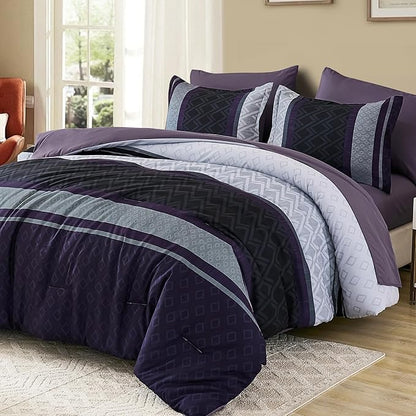 Cottolester King Comforter Set 7 Pieces,Black Purple Boho Striped Bed in a Bag,Soft Microfiber Complete Bedding Sets