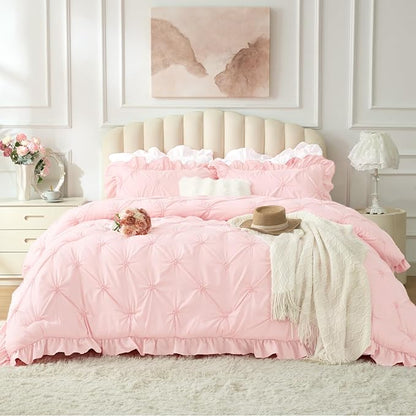 BEDELITE Baby Pink King Size Comforter Set - 3 Pieces Boho Ruffle Pintuck Bedding Comforter Sets, Lightweight Soft & Warm King Bedding Set with 2 Pillowcases for All Season