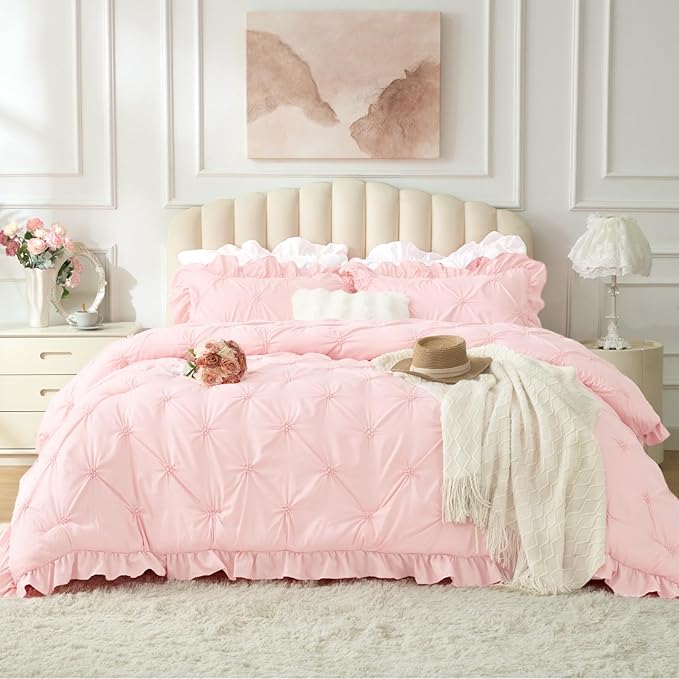 BEDELITE Baby Pink Comforter Set Queen - 3 Pieces Boho Ruffle Pintuck Bedding Comforter Sets, Lightweight Soft & Warm Bed Comforter with 2 Pillowcases for Spring,Valentines Day Gift