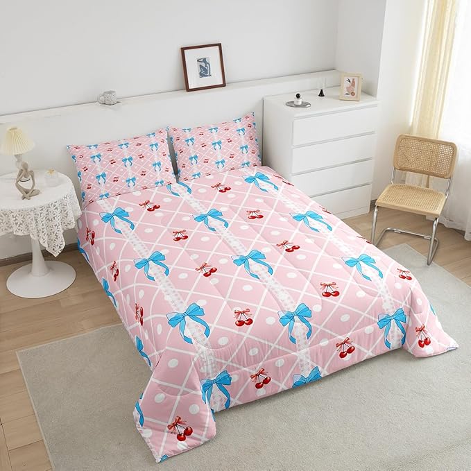 Feelyou Girls Bow Comforter Set Queen Size Cute Bowknot Bedding Set for Boys Teens Decor Kawaii Cherry Comforter Stripes Duvet Set Bedroom Blue Bow Quilt Set 3Pcs