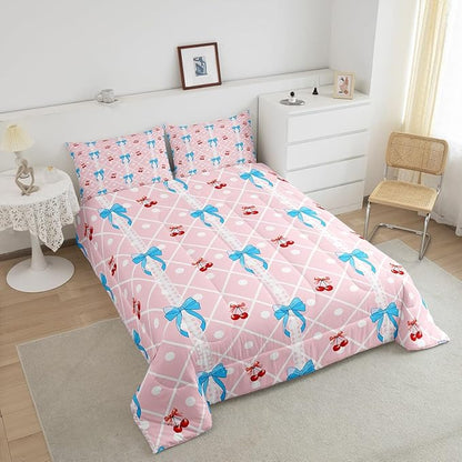 Feelyou Girls Bow Comforter Set Queen Size Cute Bowknot Bedding Set for Boys Teens Decor Kawaii Cherry Comforter Stripes Duvet Set Bedroom Blue Bow Quilt Set 3Pcs