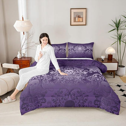 Feelyou Adults Gothic Skull Bedding Set King Size Kids Damask Print Comforter Goth Bohemian Duvet Breathable Soft Lightweight Microfiber Purple Room Decor with 2 Pillowcases