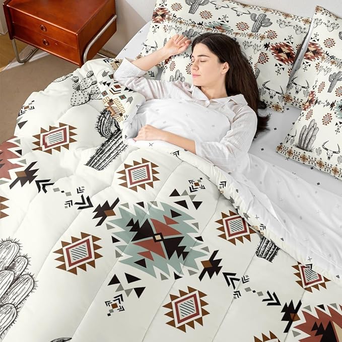 Erosebridal Khaki Southwestern King Comforter Set with Sheets 7 Piece Vintage Western Aztec Bed in A Bag Rustic Country Geometric Bedding Sets for Teens Teenager Boho Tribal Cactus Bull Skull Bed Set