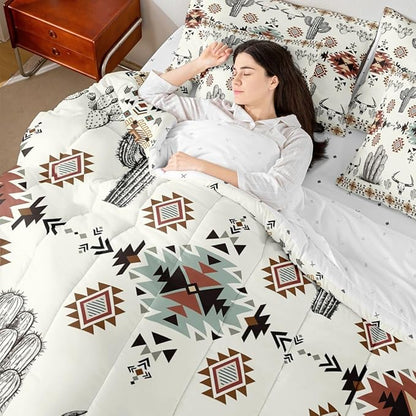Erosebridal Khaki Southwestern Queen Comforter Set with Sheets 7 Piece Vintage Western Aztec Bed in A Bag Rustic Country Geometric Bedding Sets for Men Adults Boho Tribal Cactus Bull Skull Bed Set