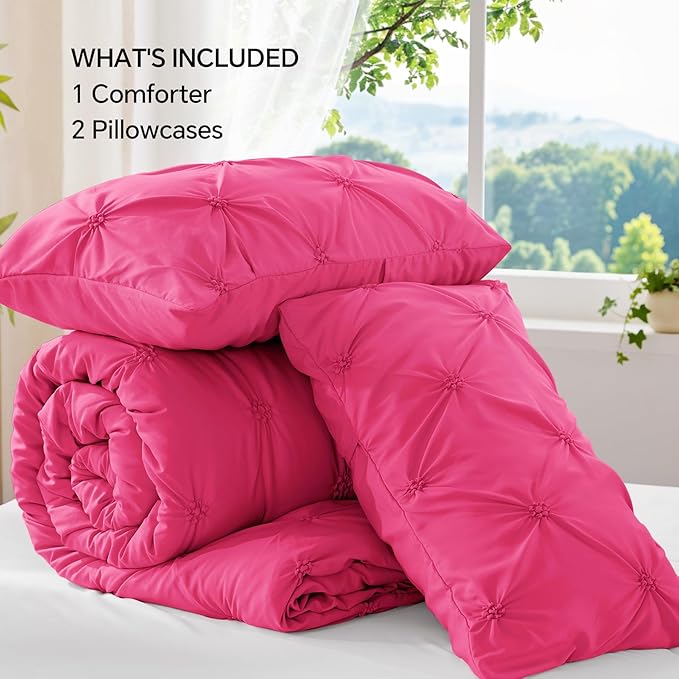 BEDELITE Hot Pink King Size Comforter Set - 3 Pieces Boho Pintuck Bedding Comforter Sets, Lightweight Soft & Warm King Bedding Set with 2 Pillowcases for All Season