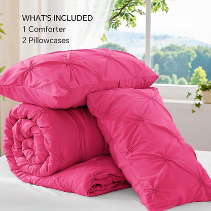 BEDELITE Hot Pink King Size Comforter Set - 3 Pieces Boho Pintuck Bedding Comforter Sets, Lightweight Soft & Warm King Bedding Set with 2 Pillowcases for All Season