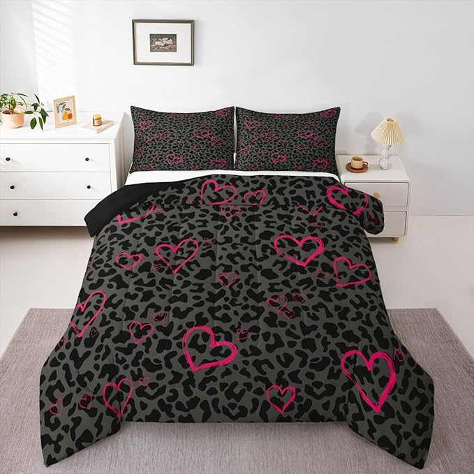 Erosebridal Grey Black Leopard Twin Comforter Set for Kids Boys Girls,Pink Love Hearts Bedding Set,African Cheetah Print Duvet Insert,Farmhouse Rustic Bed Set for All Season