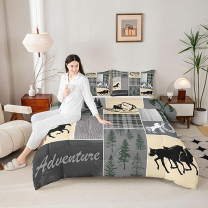 Erosebridal Kids Horse Comforter Set Full, Western Cowboys Horseshoe Bedding Set Vintage Riding Boots Duvet Insert, Adventure Rustic Farmhouse Animal Quilt Cabin Lodge Bedroom Decor, 2 Pillow Cases