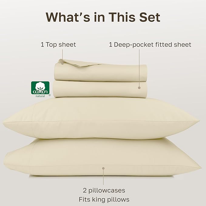 California Design Den Thick and Natural 100% Cotton Sheets King Size Set - 1000 Thread Count Sateen, Deep Pocket King Bed Sheet Set, Durable Bedding - Ivory (Creamy Beige Tone)