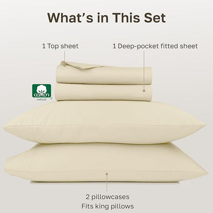 California Design Den Thick and Natural 100% Cotton Sheets King Size Set - 1000 Thread Count Sateen, Deep Pocket King Bed Sheet Set, Durable Bedding - Ivory (Creamy Beige Tone)