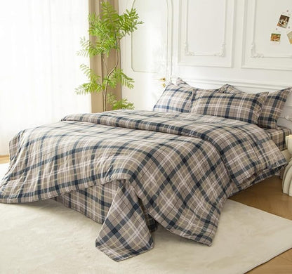 SDY 7PCS Full Gingham Comforter and Sheet Set，Plaid Bedding Set with 1*Comforter,1* Flat Sheet, 1*Fitted Sheet,2*Pillowcases and 2*PillowcaseShams，Super Soft Microfiber Bedding Sheet Sets