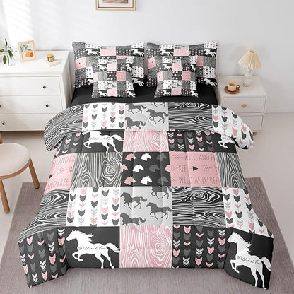 Erosebridal Girls Unicorn 7 Piece Comforter Set Queen Girly White Horse Bedding Western Cowboy Cowgirls Quilt Buffalo Plaid Duvet Insert Arrow Stripes Wild Animal Sheets Bedroom Decor,Pink Black