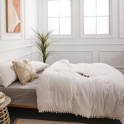 YIRDDEO Full Size Comforter Sets - Full Size Comforter with Ball Pom Fringe, Soft Bedding Set for All Seasons - 3 Pieces, 1 Comforter (79"x90") & 2 Pillow Shams(20"x26"), White