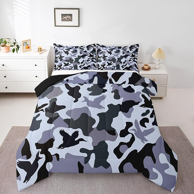 Erosebridal Camouflage Comforter Set King Size Hunting Bedding for Kids Boys Army Duck Hunter Bedding Comforter Sets Vintage Blue Grey Bedroom Decor Wild Animal Duck Farmhouse Duvet Insert