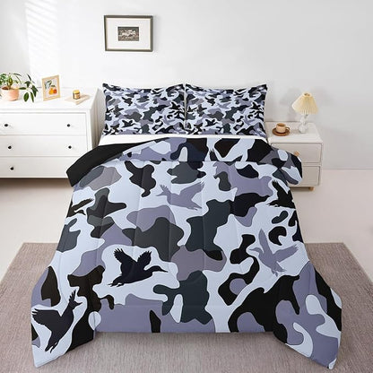 Erosebridal Camouflage Comforter Set King Size Hunting Bedding for Kids Boys Army Duck Hunter Bedding Comforter Sets Vintage Blue Grey Bedroom Decor Wild Animal Duck Farmhouse Duvet Insert