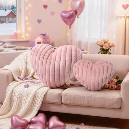 Lanpn Valentines Day Heart Pillows 2Pcs, Love Heart Shaped Pillow Soft Faux Fur Throw Pillow Plush Heart Decorative Cushion for Couch Bed Sofa Valentine Day Decor (Pink, 16.5x12in/14x10.5in)