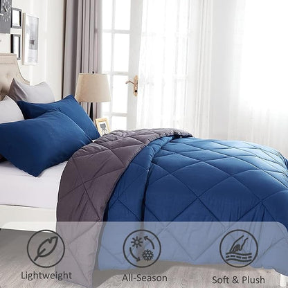 Twin Comforter Set Blue - 3 Pieces Luxury Soft and Lightweight Down Alternative Bedding Set Fluffy Blanket Quilt for All Season 1 Comforter(68"×86") & 1 Pillow Sham(20"×26")