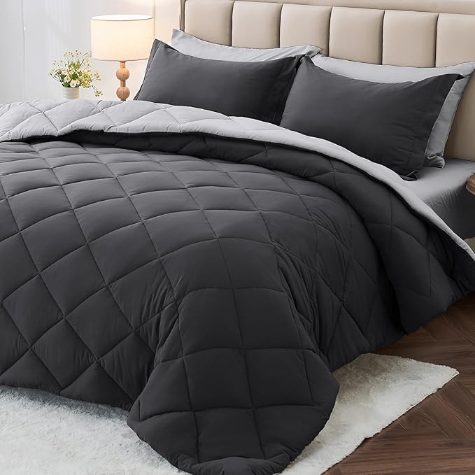 MUXHOMO 7 Pieces California King Comforter Set, Reversible Bed in a Bag Cal King Size, All Season Bedding Set with Comforter, Flat Sheet, Fitted Sheet, Pillowcases & Shams, Dark Grey & Light Grey