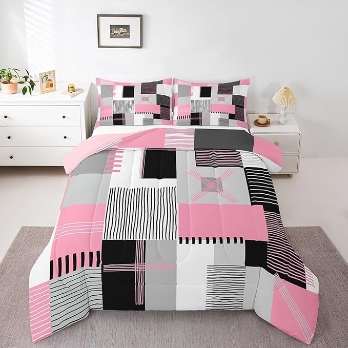 Erosebridal Pink Grey Girls Comforter Set Toddler Black White Abstract Bedding Set for Kids Teen Women Geometric Square Quilt Grids Checkered Duvet Insert Modern Fashion Room Decor 2 Pcs