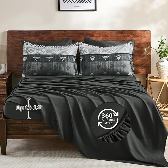 Xruibed Grey King Comforter Set 7 Pieces, Gray Boho Striped Bed in a Bag King Size Soft Microfiber All Season Bedding Set with Comforter, Sheets, Pillowcases & Shams(104"×90")