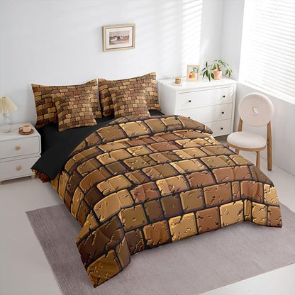 Castle Fairy Miner Square 7 Piece Comforter Set Queen Size,Pixelated Theme All Season Reversible Bed in a Bag Video Games Bedding Sets Brown Pixel Style Flat Sheet,Fitted Sheet,Pillowcases