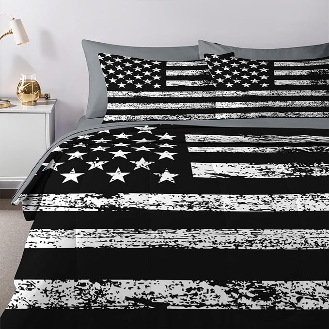 Nesker 5 Pcs Comforter Set Twin Size, Black White USA American Flag Bedding Set for Kids and Adults, Vintage Stars Stripes Flags Boys Bed Sheet Sets with Fitted Sheet Pillowcases & Shams